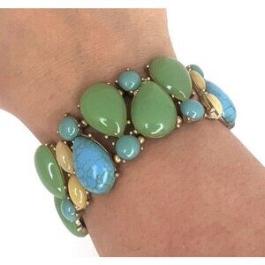 Teal  and Blue Goldtone Enamel Costume Jewelry  Bracelet Faux Jade and Turquoise